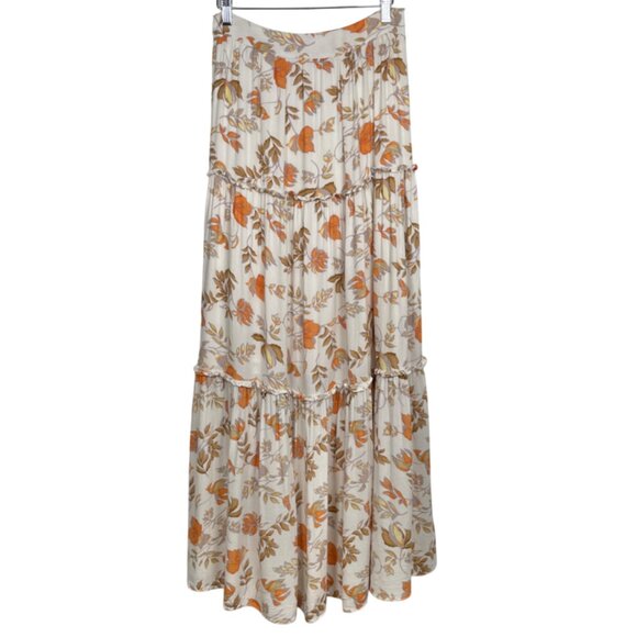 Seven Wonders High Waisted Tiered Maxi Skirt White Fall Leaves Cottagecore US 6 - Picture 6 of 16